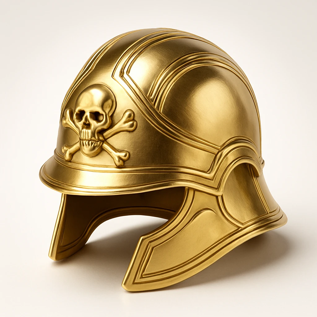 gold pirate helmet, detailed, shiny, with skull and crossbones, in gold style emoji