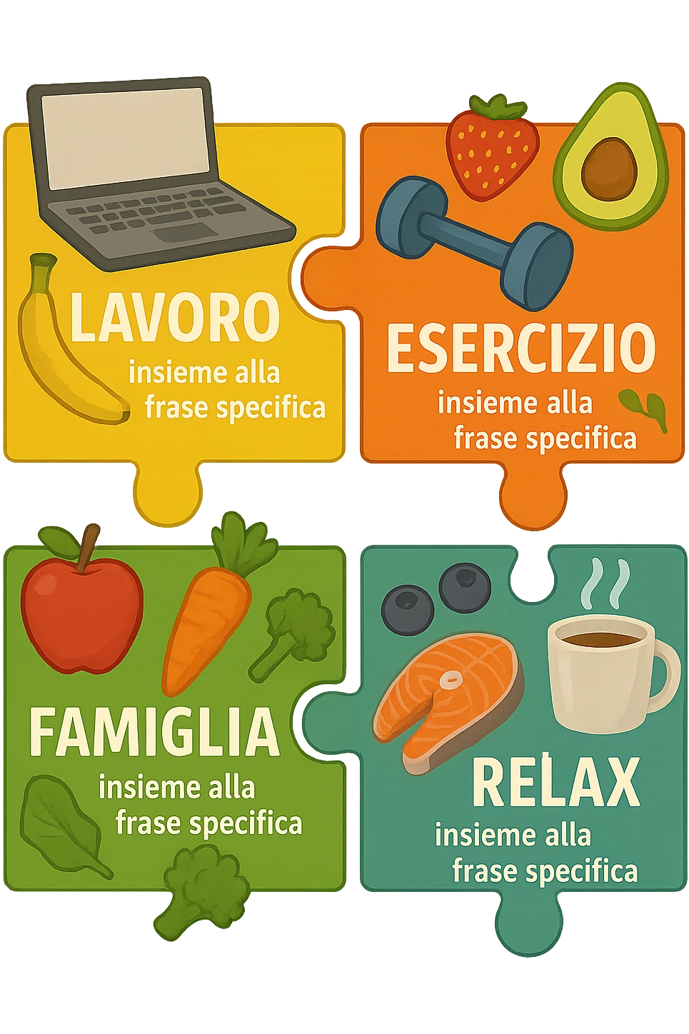 Puzzle (Lavoro, Esercizio, Famiglia, Relax), and healthy foods are integrated into each piece. in italiano emoji