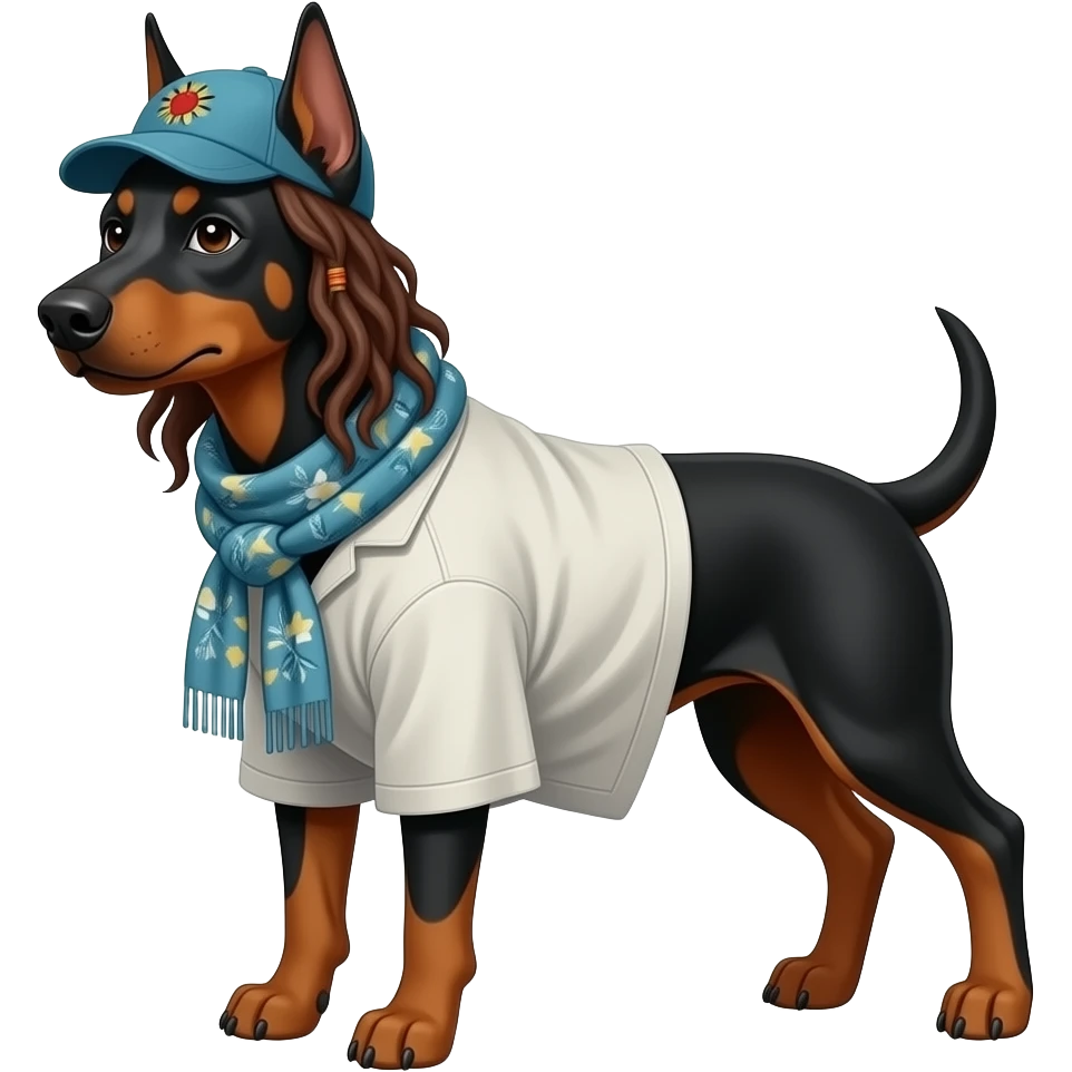 hippy doberman with loose hippy clothes, scarf, cap front facing emoji