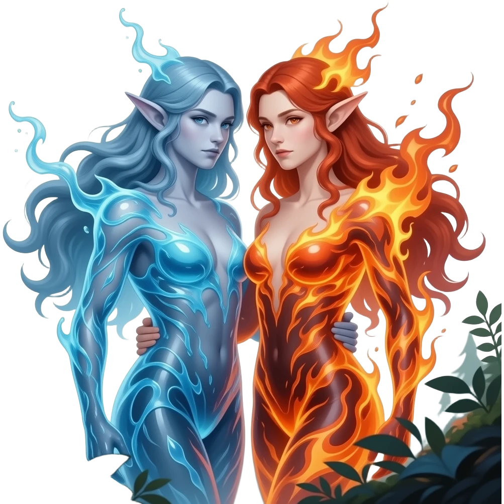 Elfen paar. Zijn als water en vuur  maar completely verstrengeld in een mystery bos emoji