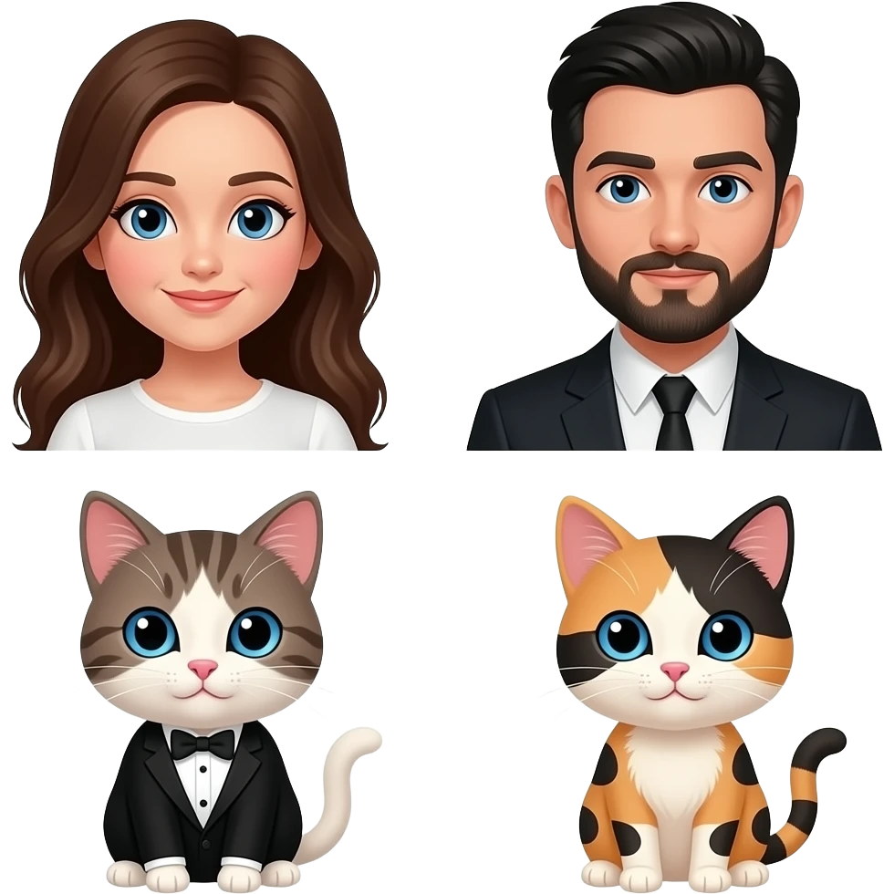 brunette girl with blue eyes and man with black hair and beard and blue eyes. and one tuxedo kitten and one cow kitten emoji