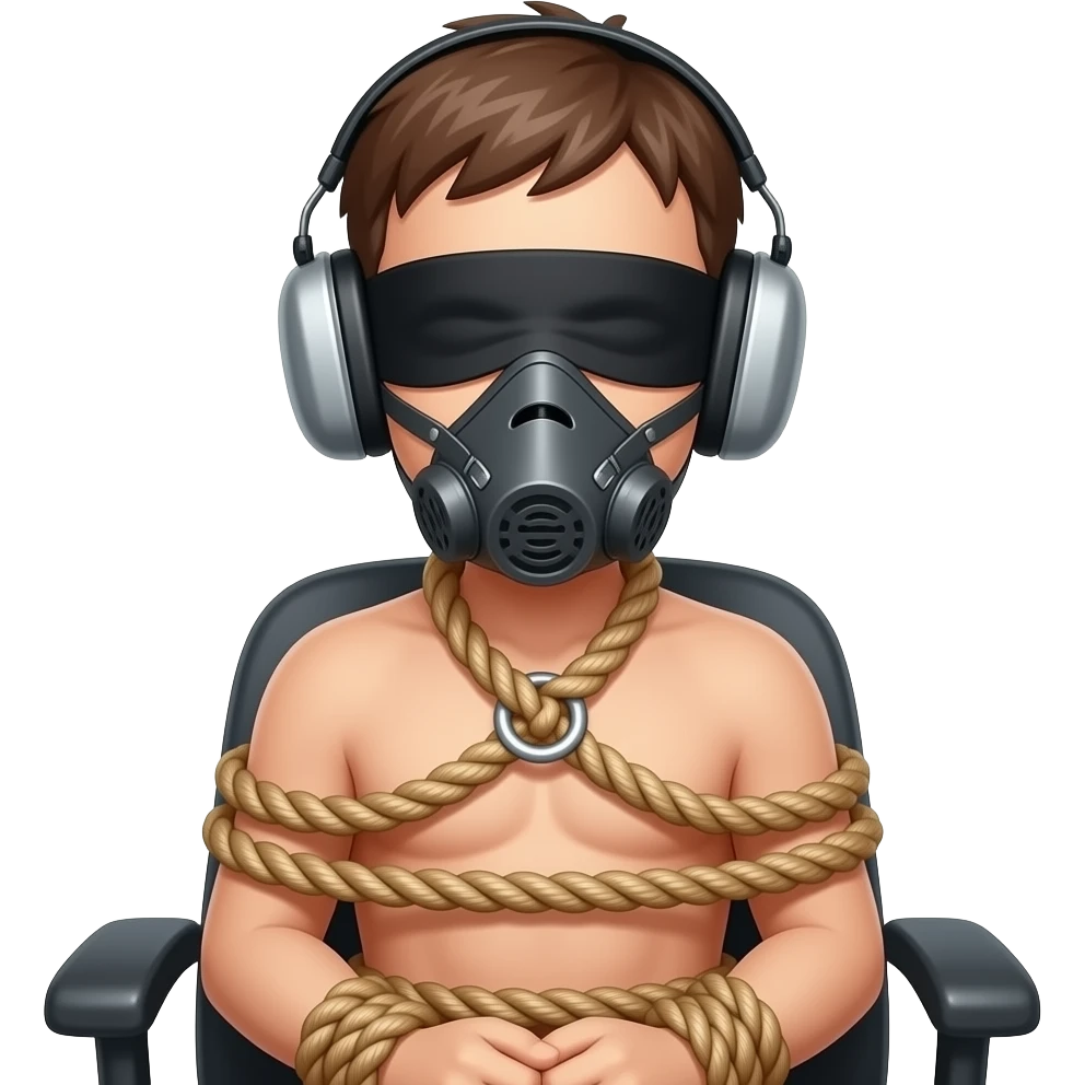 Rope Bondage boy naked blindfolded chair tied muzzle earmuffs emoji
