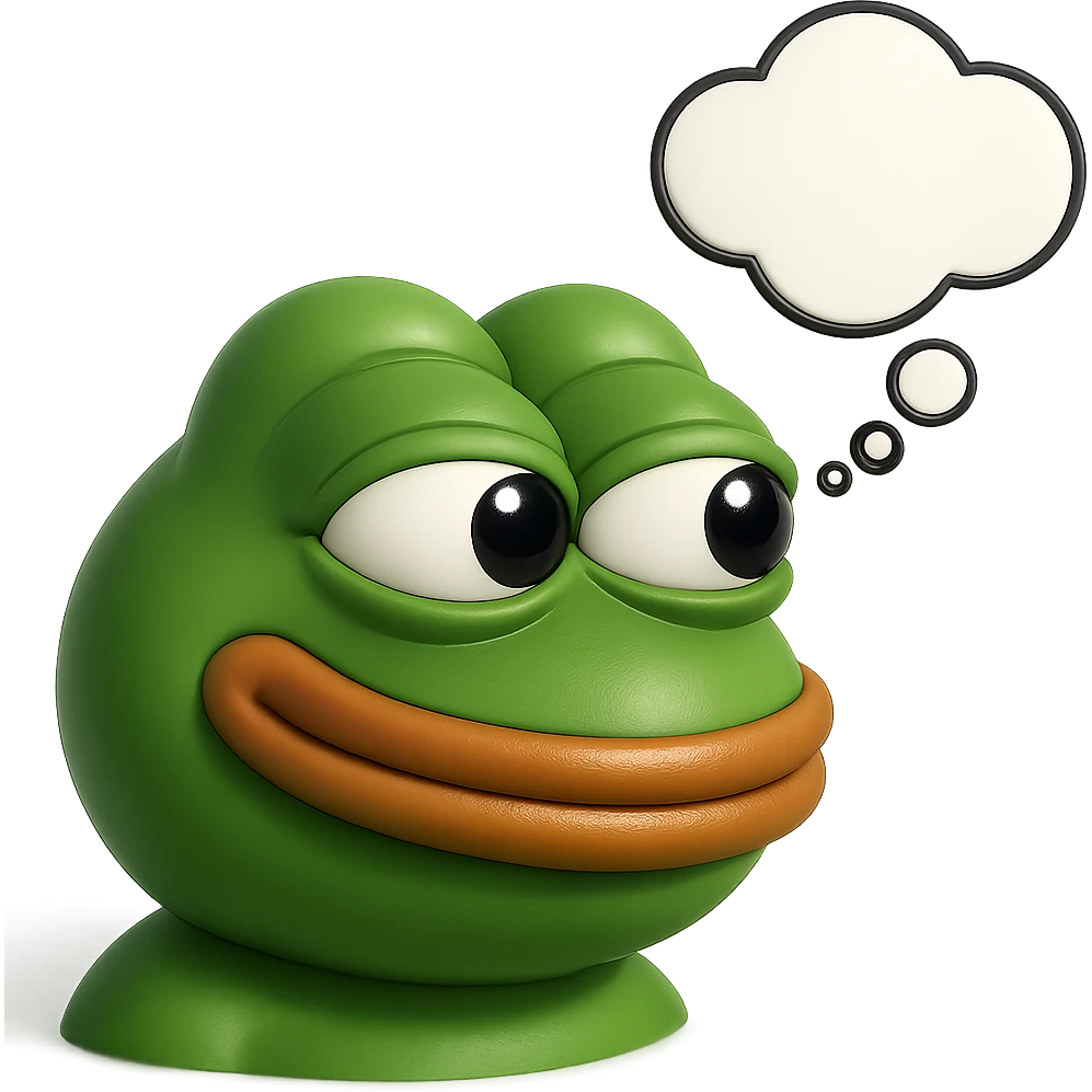 make a pepe in bright green smiling with thought bubble looking at right side in 3d style, good highlights and shadows, drop shadows emoji