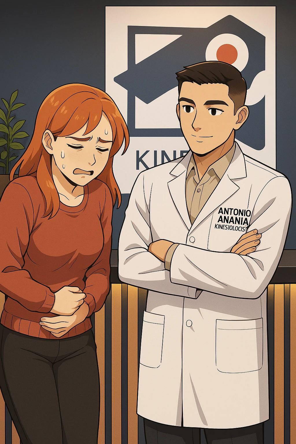 su questo stile fai un manga/webtoon a colori in cui una donna si lamenta che sta male e ha mal di pancia, l'uomo della foto in stile manga gli risponde, mantieni un ambiente simile alla foto che ho allegato con il suo logo (sarebbe il suo studio, lui è un kinesiologo), scrivigli "ANTONIO ANANIA" sul camice bianco, non mettere fumetti, ma fai in modo che sembri che la donna chiede una cosa e l'uomo risponde alla sua domanda emoji