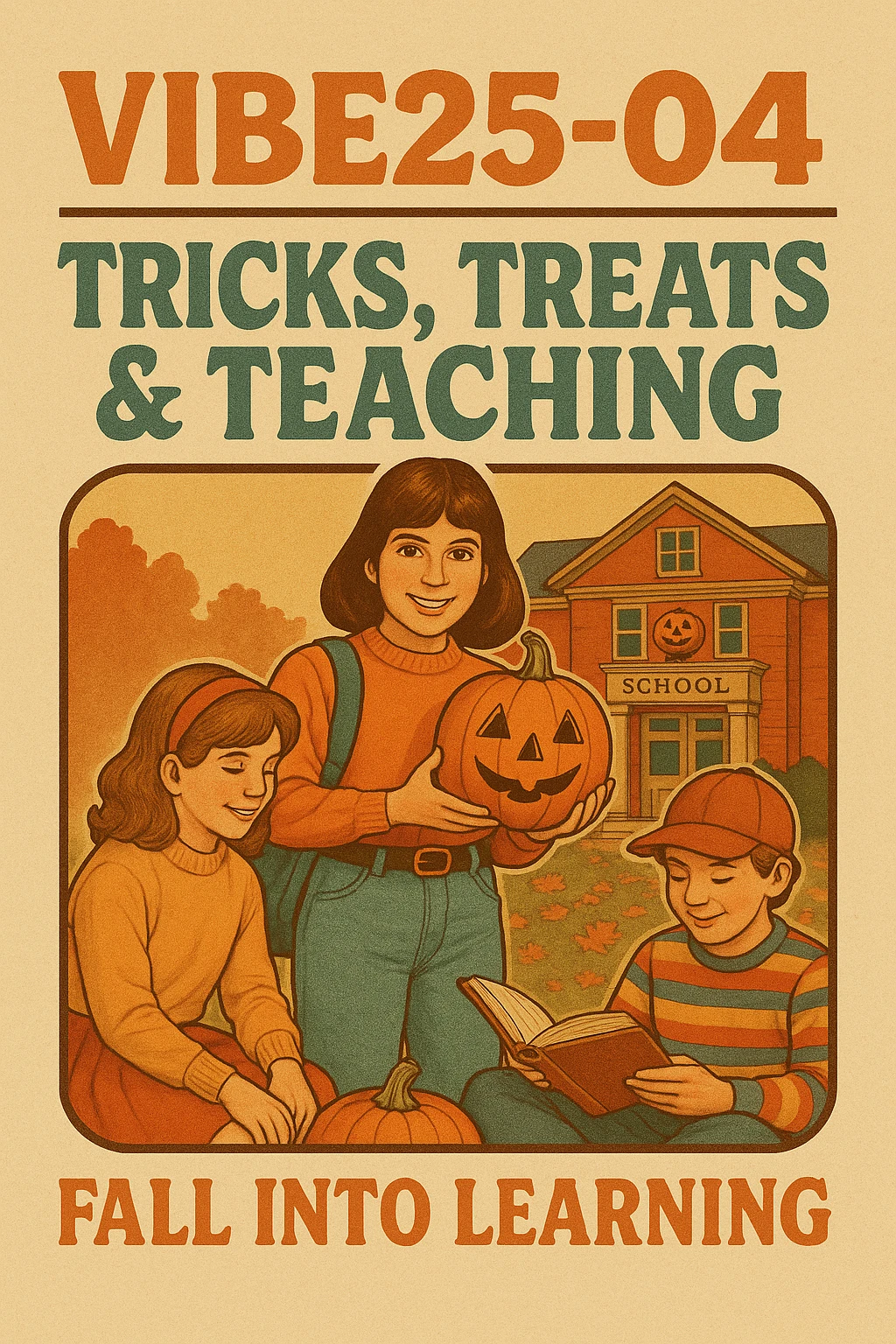 Create a logo that encompasses a retro 80's feel, nostalgic, ALSO RETRO.  Add the words "VIBE25-04: Tricks, Treats & Teaching: Fall Into Learning" emoji