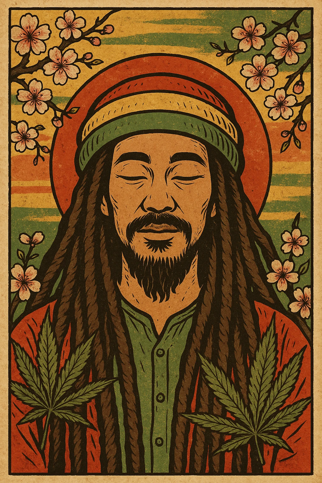 Vintage poster of an Asian Rasta with long dreadlocks, peaceful eyes, and a red-gold-green tam. Surrounded by cherry blossoms and ganja leaves. Background blends Rasta colors into an Asian flag (e.g., red sun from Japan or Chinese star). Retro reggae fusion vibe, with bold lines and aged paper texture.
 emoji