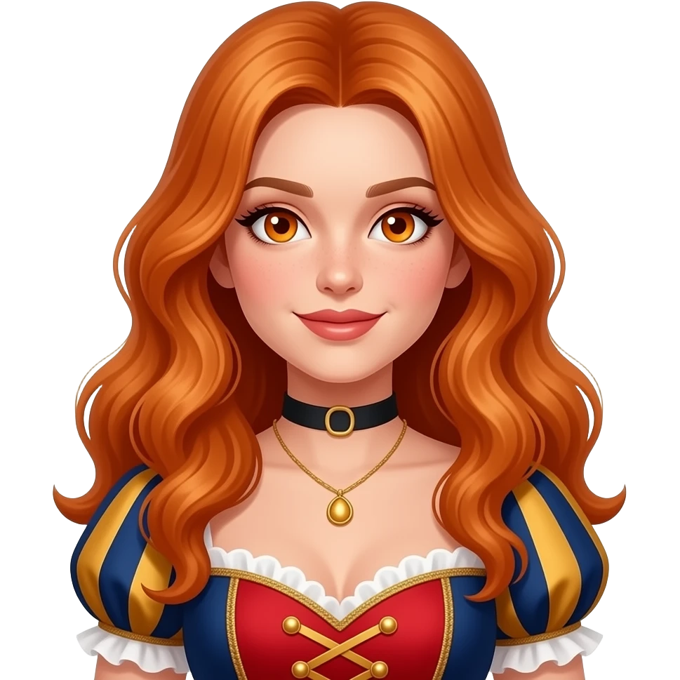 sexy girl with long wavy ginger hair and ginger eyes says wearing a fasching costume emoji