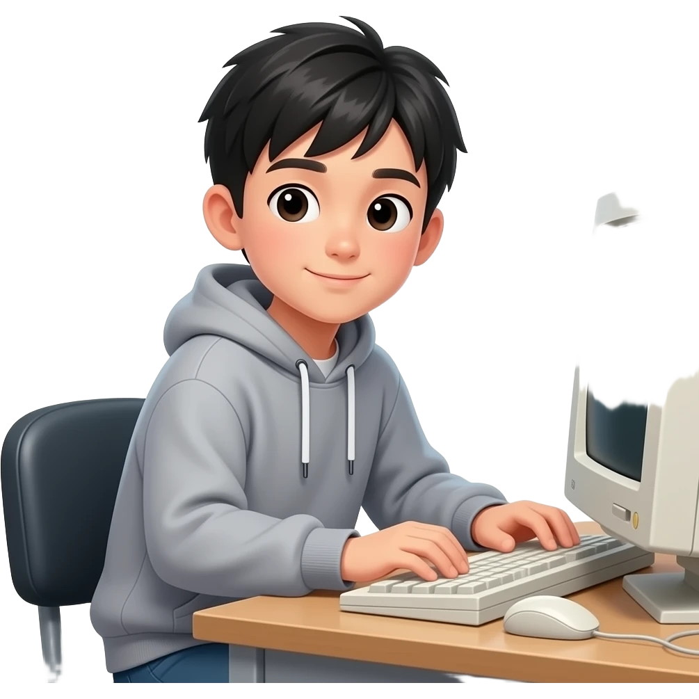 a chinese boy sits in front of an old computer emoji
