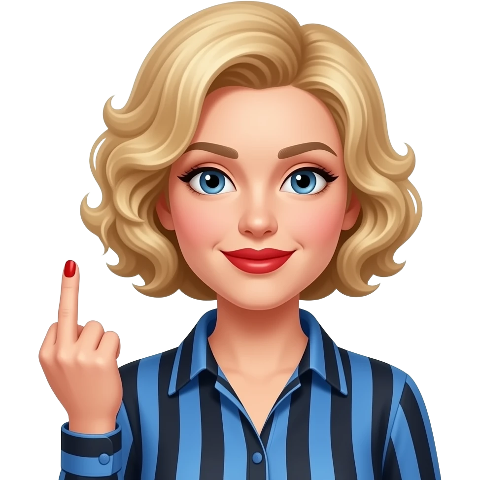 short blonde with spiral curly hair side swept bob flipping you with the middle finger in a blue and black striped blouse in red lipstick in red medium nails emoji