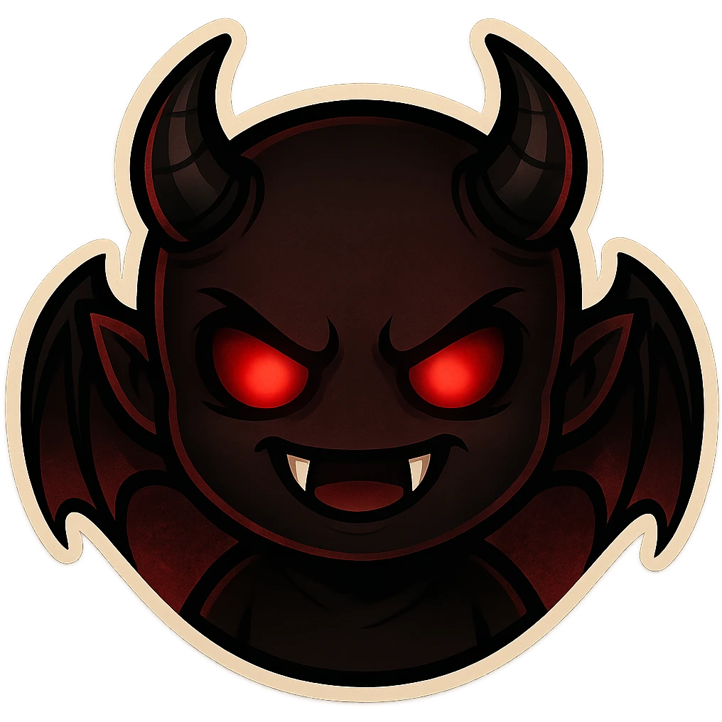devil emoji in chibi style with gothic palette black and crimson, sharp fangs, glowing eyes, dramatic shadows emoji