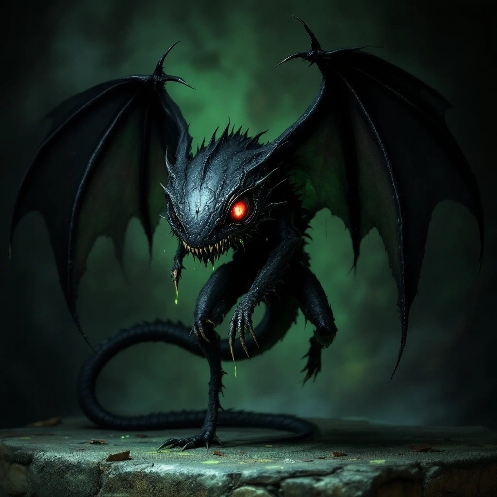 an all black reptilian bat-like creature. One cyclopian red eye in its face. no visible mouth or ears. 2 hind legs with claws. has a long tale with a stinger that drips green poison. no ears. no horns. no arms. visible bone-like stinger at end of tail emoji