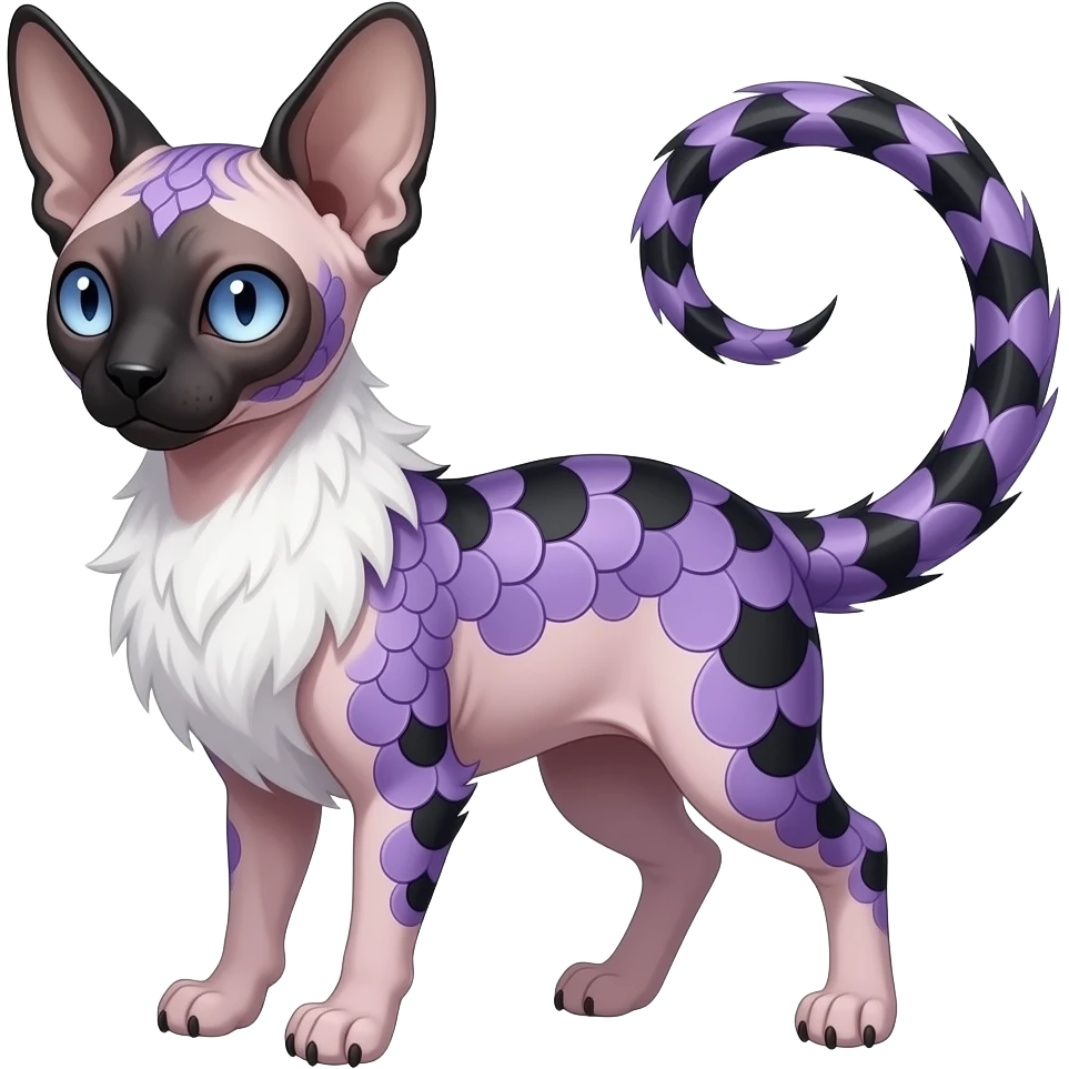 Furry, fluffy tropical flecked painted feathery scaly, Purple, white, black, Minccino-Sphynx-Lykoi-Linoone-Zangoose-fusion-hybrid-animal-Fakémon-creature, full body, thin long sleek scaly tail, intricate markings emoji
