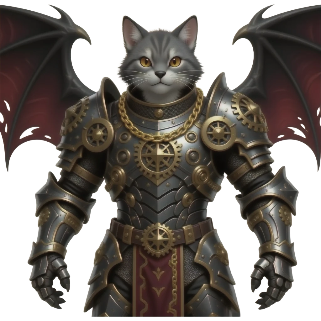 Epic complex knightly divine glorious futuristic detailed dark dusky gloomy deep gothic sanguine-blood-maroon-black-white, realistic Fakémon-Sprigatito-Floragato-Meowscarada-Trico-Sergal-Serval-Vernid-creature (full body) with metal gears and metal collar with gold chains emoji