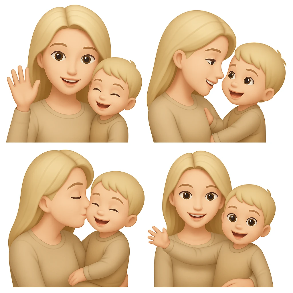 A happy mother with a child in beige clothes in different poses, emoji style emoji