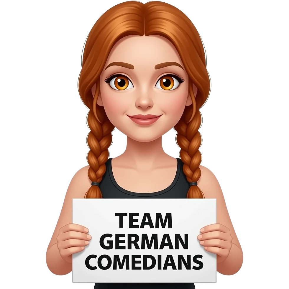 sexy girl with long ginger braids and ginger eyes wearing a black tanktop is holding a white sign with TEAM GERMAN COMEDIANS written on it emoji