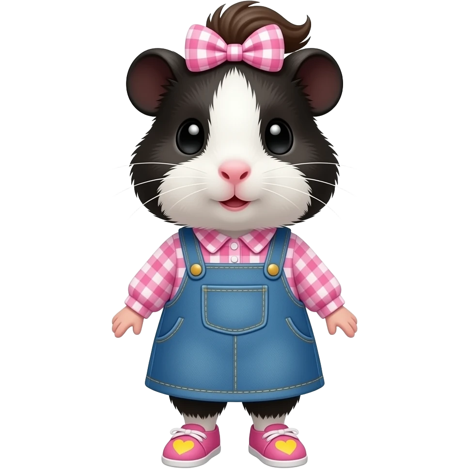 black and white guinea pig in long sleeve pink gingham shirt with a jean dress, pink shoes with yellow hearts and a pink gingham bow in hair emoji