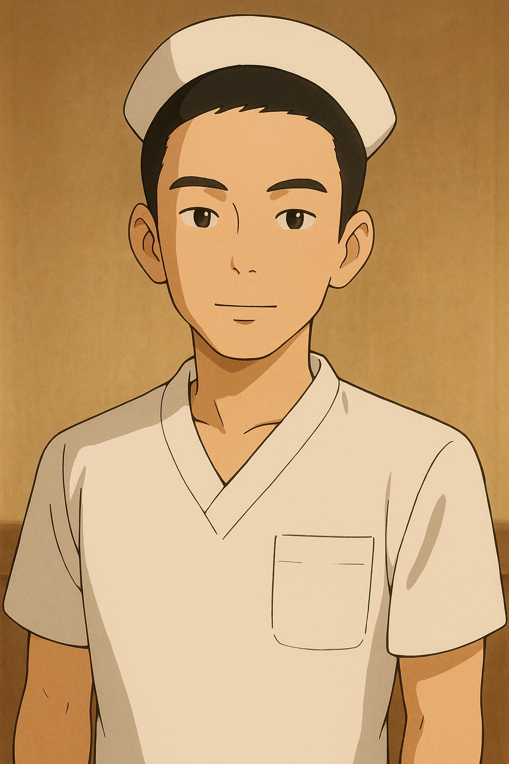 Portrait Ghibli style of a student nurse in a white short-sleeve nursing uniform with a V-neck medical tunic, left chest pocket, no collar stand, no stethoscope, warm indoor ambiance, neutral wall-style background, no clothing under the tunic. emoji