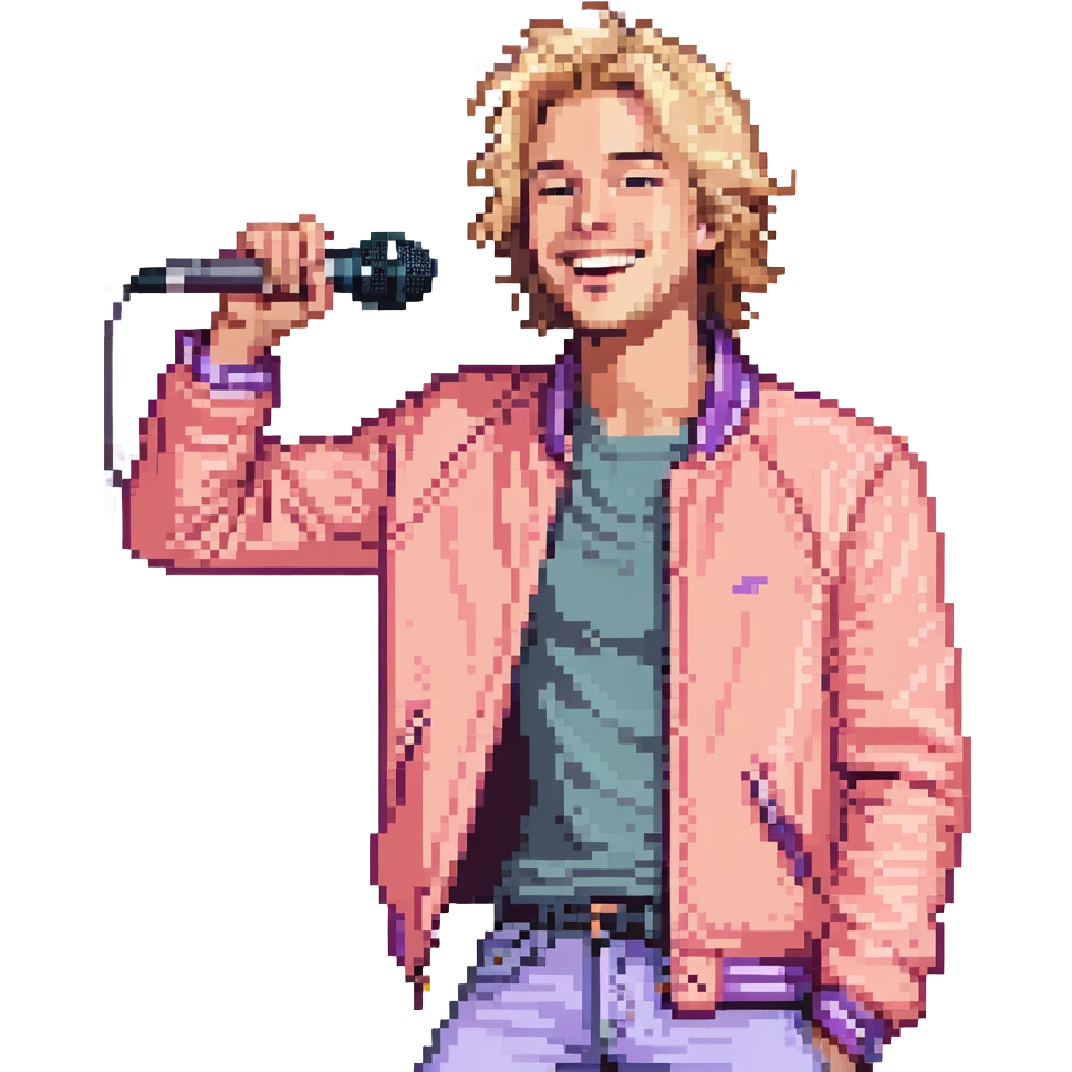 Pixel art style, expressive male performer, Caucasian features, tousled sandy blonde hair, lively eyes, wide cheerful smile, wearing a coral violet jacket over white tee, tossing a microphone in one hand, waist-up, front-facing emoji