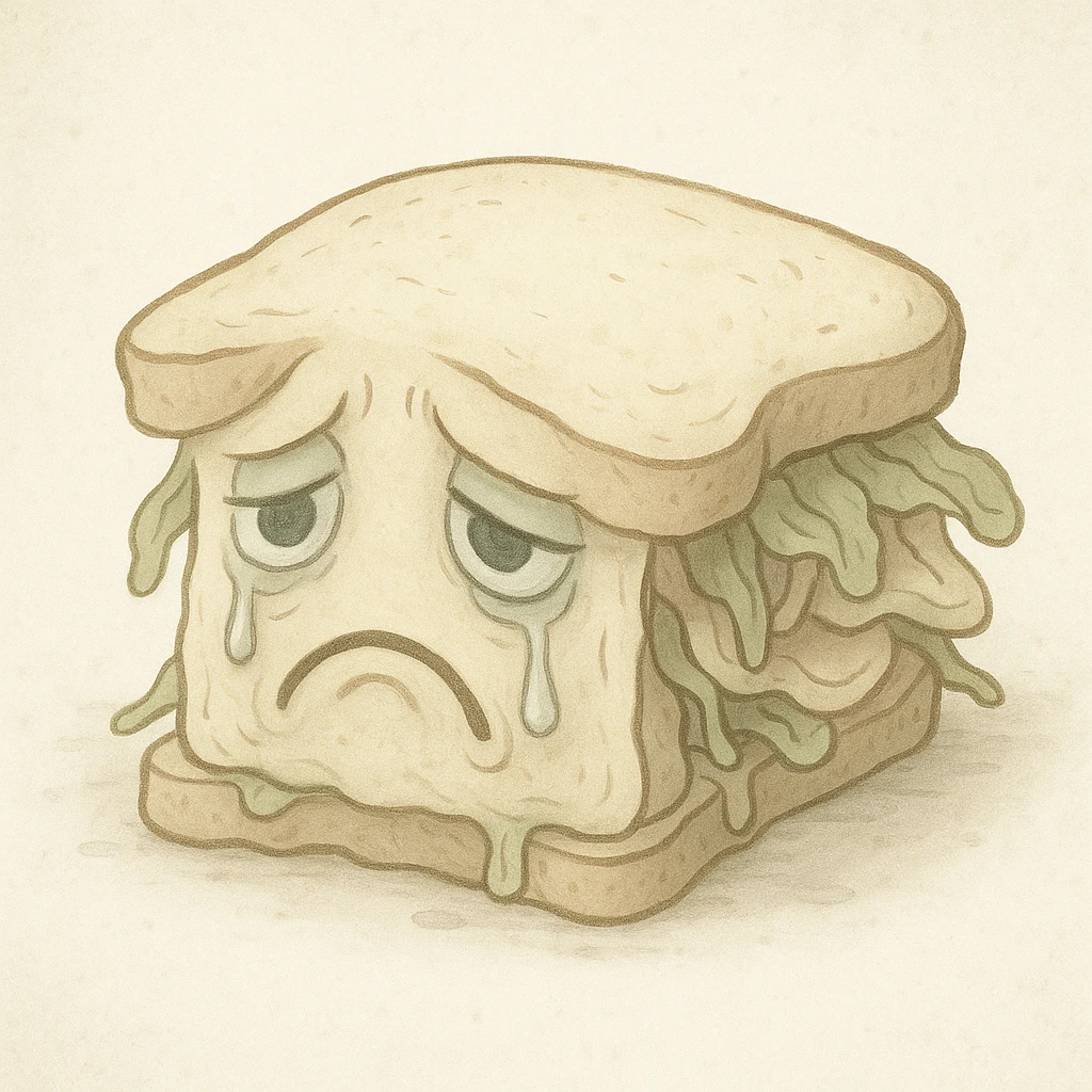 a sandwich slumped over with tears, sad face, pale colors, unappetizing appearance emoji