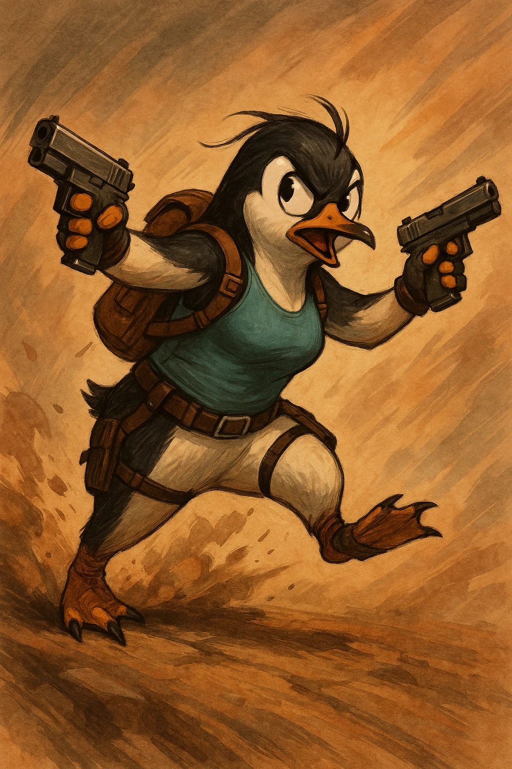 a penguin in an action pose, channeling Lara Croft, with a backpack and fingerless gloves emoji