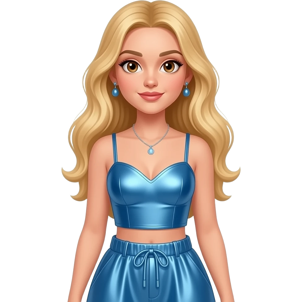 Victoria Monét with brown eyes, long blonde hair, blue metallic sweetheart crop top, blue metallic baggy loose skirt, necklace and earrings emoji