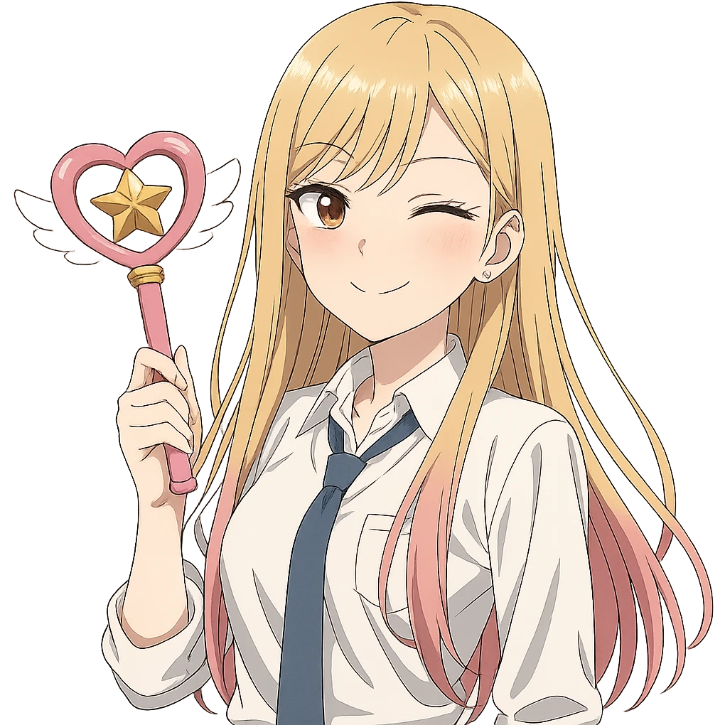 Marin Kitagawa, winking, holding a cosplay accessory, detailed anime style, long blonde hair with pink tips emoji