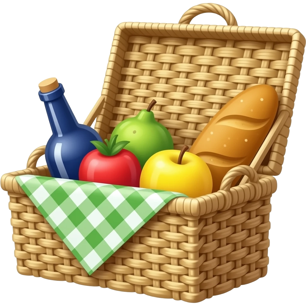 سلة نزهة: سلة خوص مفتوحة بداخلها مفرش مربعات أخضر، زجاجة، وبعض الفواكه والخبز. emoji