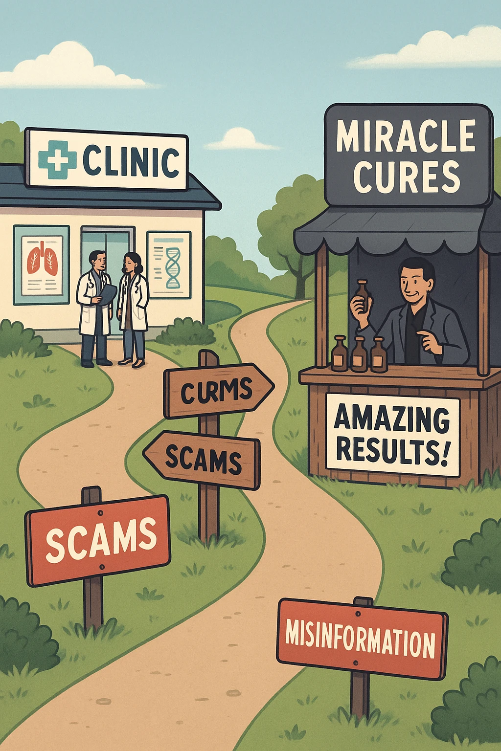 two paths diverge—one leads to a trustworthy clinic with doctors and scientific posters, the other to a shady stand selling “miracle” medicines with exaggerated claims. Signs along the second path warn of scams and misinformation. The scene encourages viewers to choose reliable, science-based healthcare. in italiano emoji