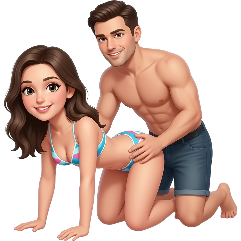 Fille à quatre pattes en bikiniAvec un homme sans habits qui tiens ses hanches derrière elle  coller à elle emoji