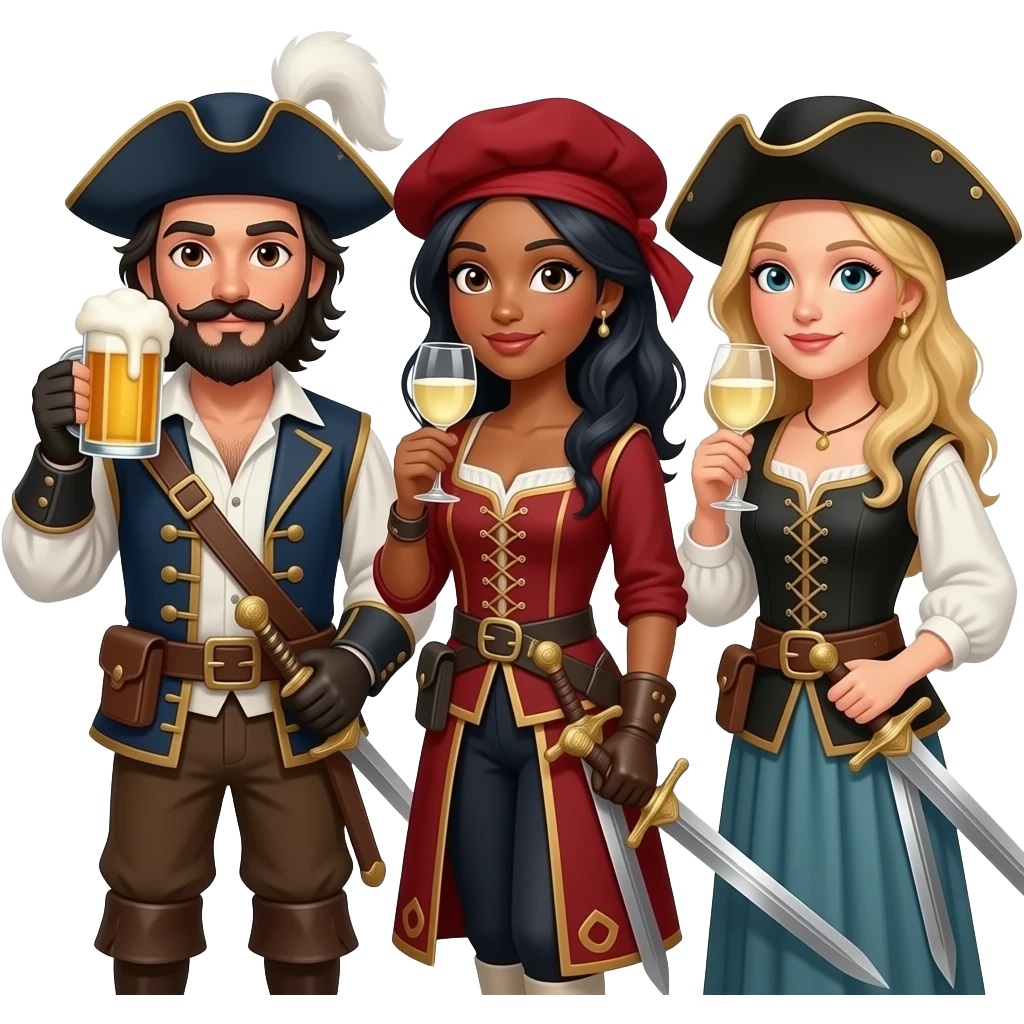 Three musketeers with swords and hats. One guy with black hair, beard and dark brown eyes, one girl with black hair and tanned skin and one girl with blond hair. The guy is drinking beer and the girls white wine. emoji