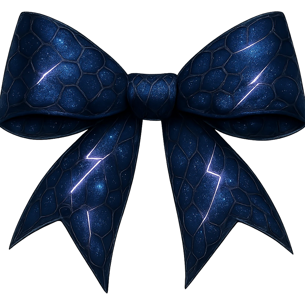 Remove the midnight blue roses from the gothic bow with fractured deep blue glass, iridescent holographic stardust, neon lightning bolts, and a wet, shiny finish. Keep the background transparent. emoji