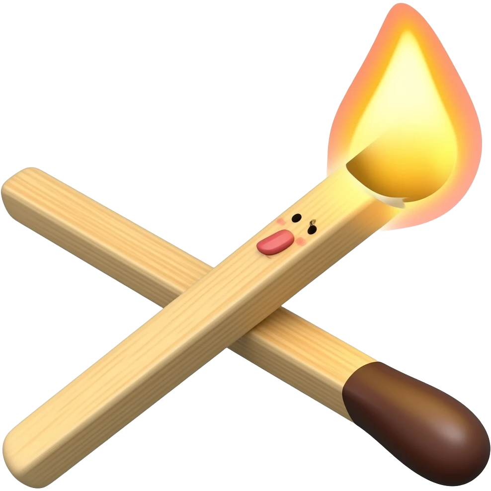 A cute 3D matchstick emoji with a tiny flame and flirty face, playful hot mood, clean white background, soft shadow, no text, no watermark emoji