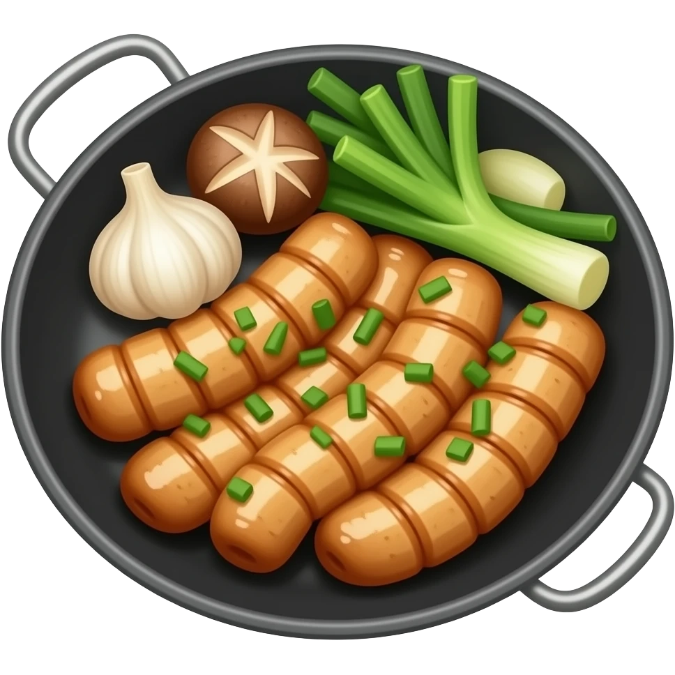 korean grilled gopchang, close up, glossy intestines with golden brown color, garlic, chives, mushrooms, onions, black pan, realistic food photography emoji