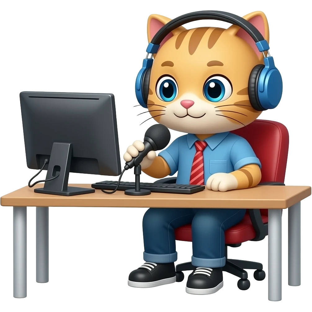 Napster kittyhead logo as the head on a cat podcaster sitting at desk with computer, microphone and headphones emoji