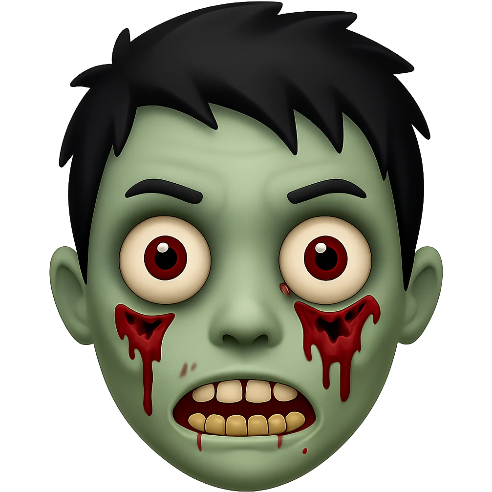 Create a zombie emoji with black hair styled in a spiky hairstyle, in the style of Apple emojis. The emoji should have the typical zombie features with greenish skin and a spooky expression, combined with the distinct Apple emoji look and feel. emoji