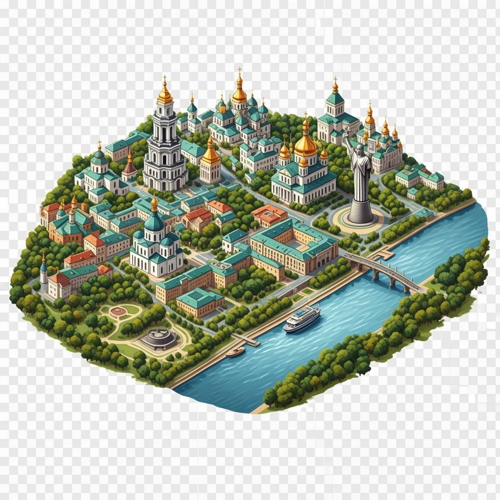 Isometric illustration of photorealistic Kyiv, balanced between paint stylized and realistic, 3D miniature effect, transparent background. emoji