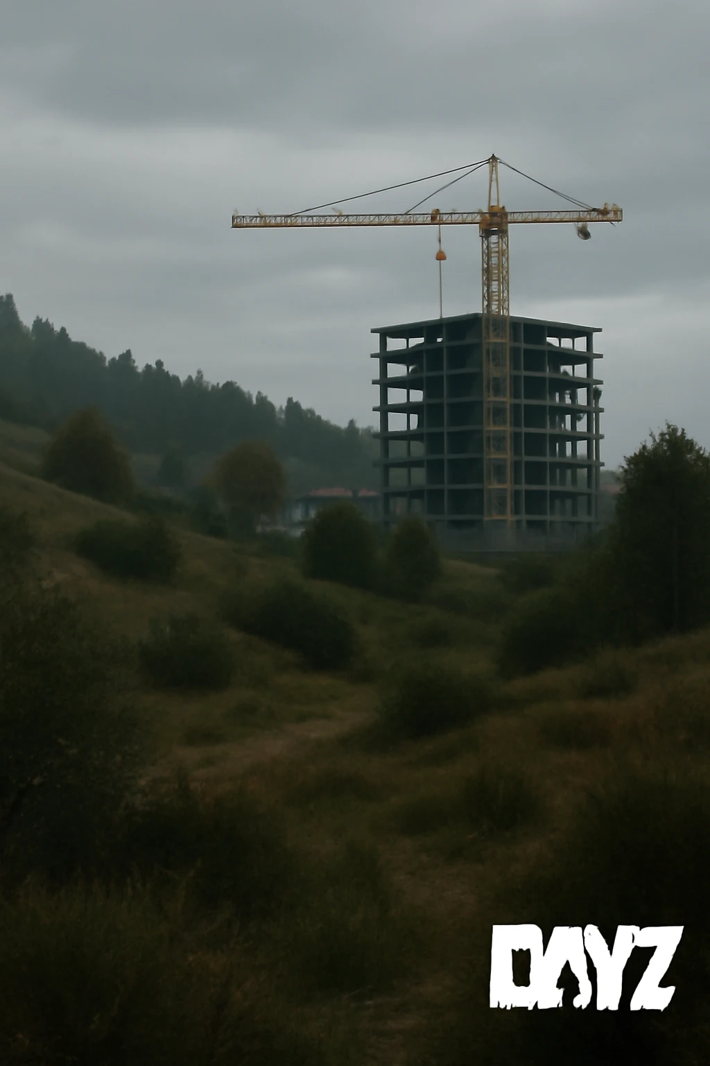  a scene amongst hills and bushes in the game DAYZ with a construction site and tall yellow crane in the background, screenshot, overcast day emoji
