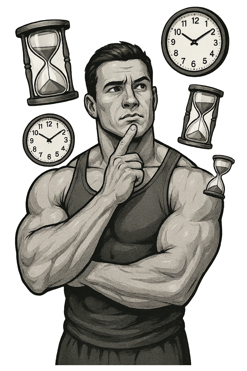 bodybuilder pensieroso che si tiene l'indice sul mento, alle sue spalle fluttuano clessidre e orologi da muro emoji