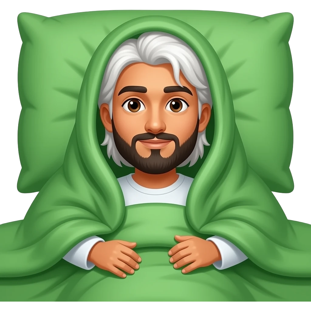 Tan Pakistani young man with long white hair covered in like green duvet in bed emoji