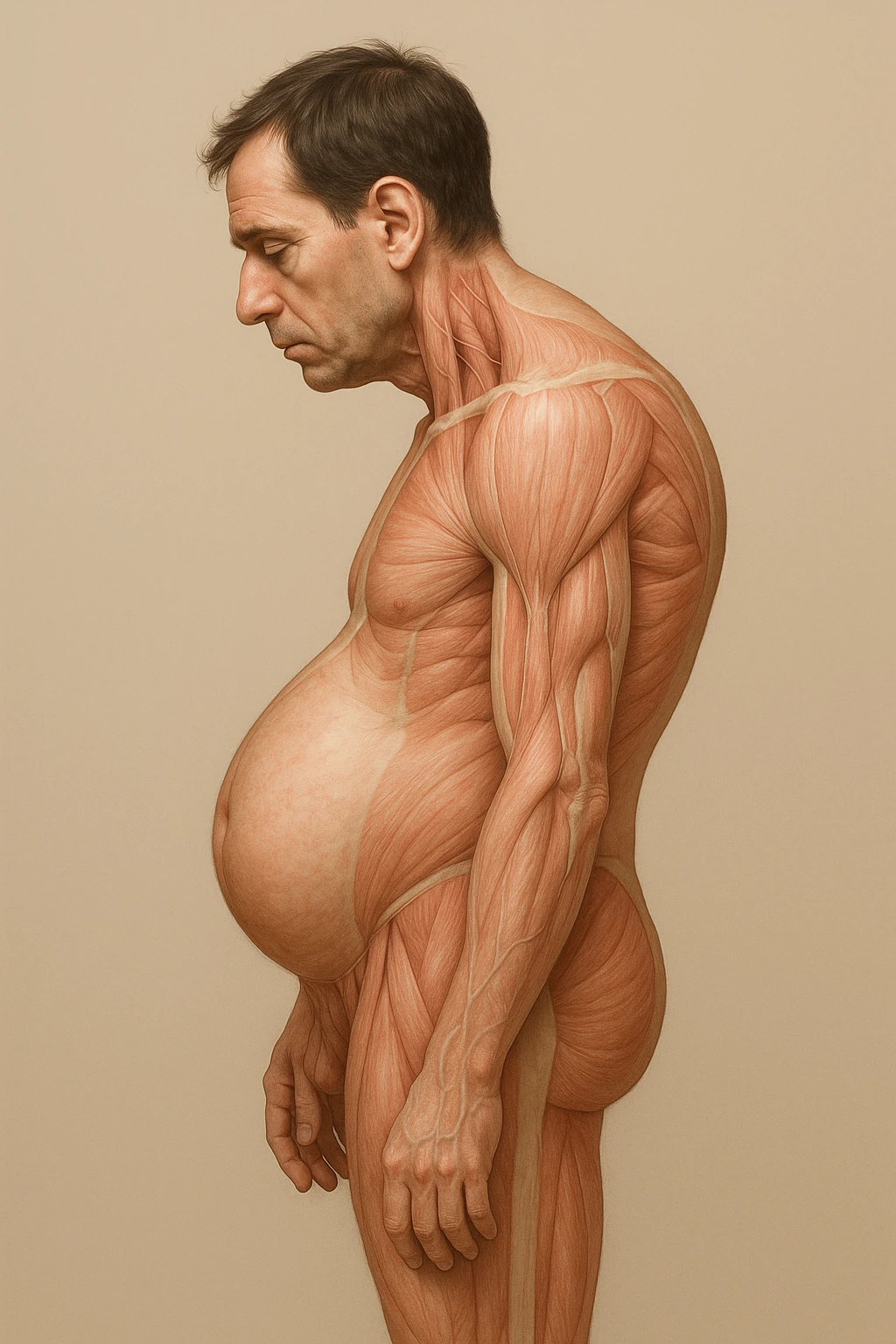 corpo UMANO ANATOMICO di profilo con spalle chiuse in avanti e pancia sporgente, postura errata, iperrealistico 4k emoji
