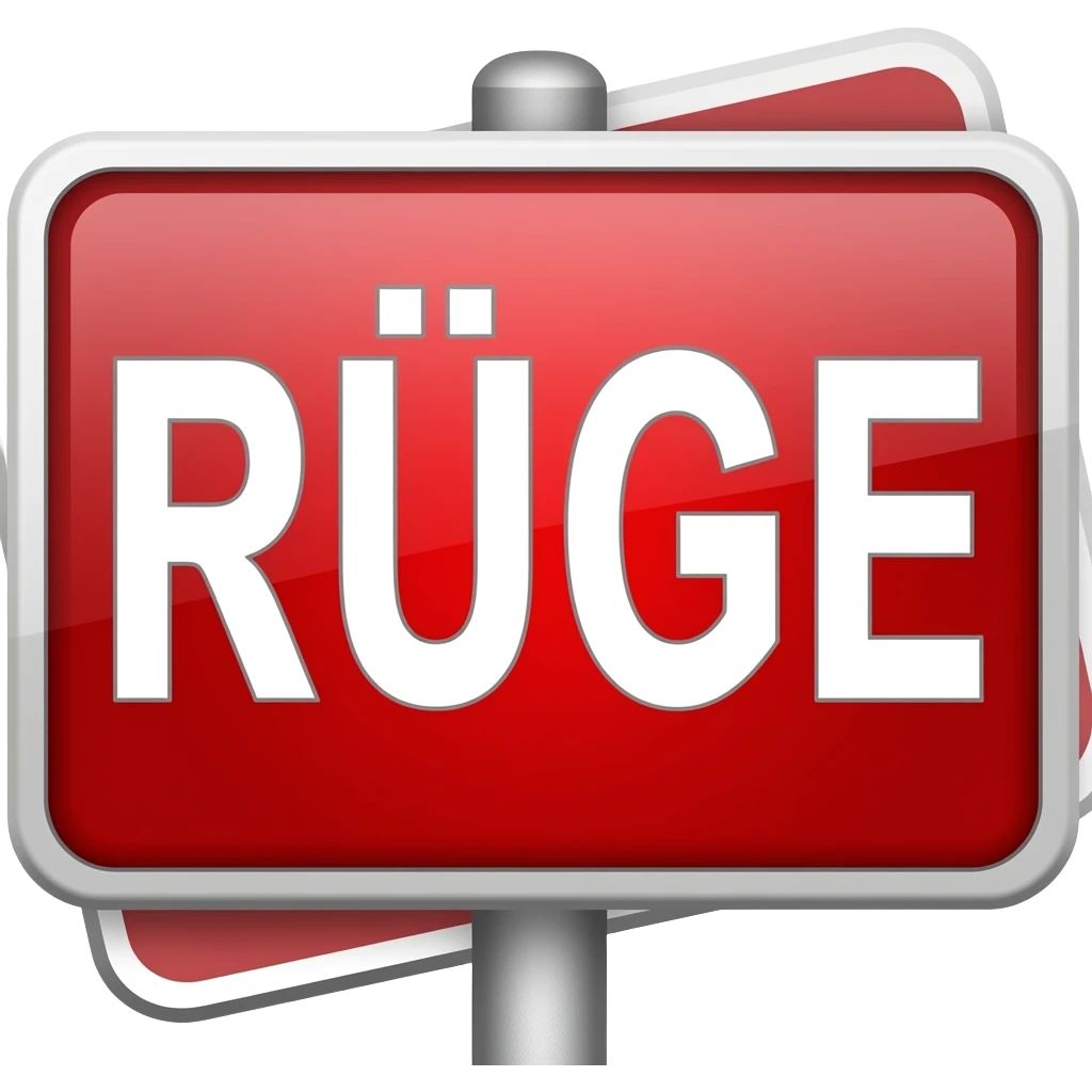 red placard with "RÜGE" emoji