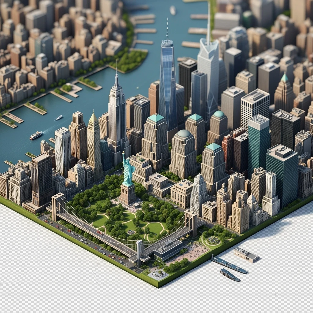 Isometric miniature of New York Сity Empire State Building, One World Trade Center, Statue of Liberty, Brooklyn Bridge, and Central Park 3D miniature effect and Tilt Shift effect, no cartoonish look, transparent background. emoji