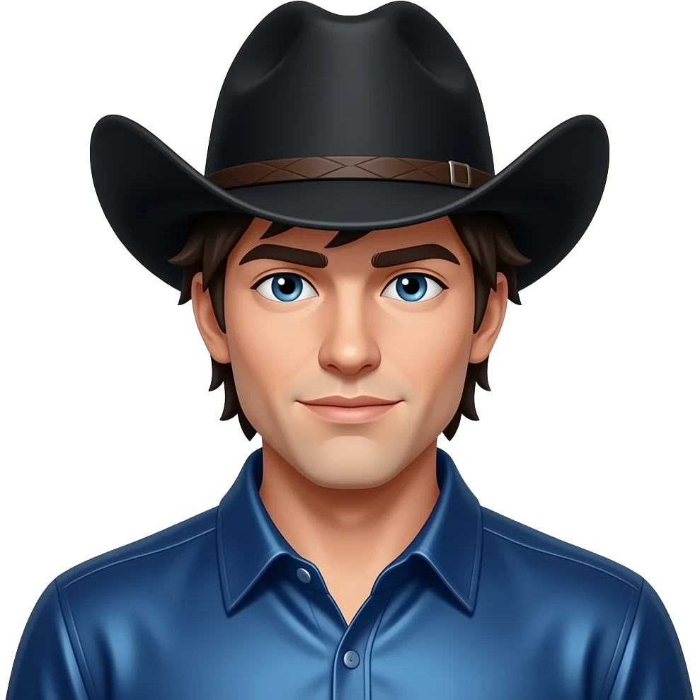 Jack Twist from Fictional Characters with blue eyes, dark brunette hair, black cowboy hat, indigo metallic cowboy shirt emoji