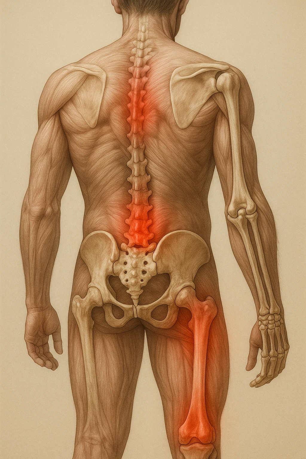 corpo umano anatomico con mal di schiena e al ginocchio, iperrealistico 4k emoji