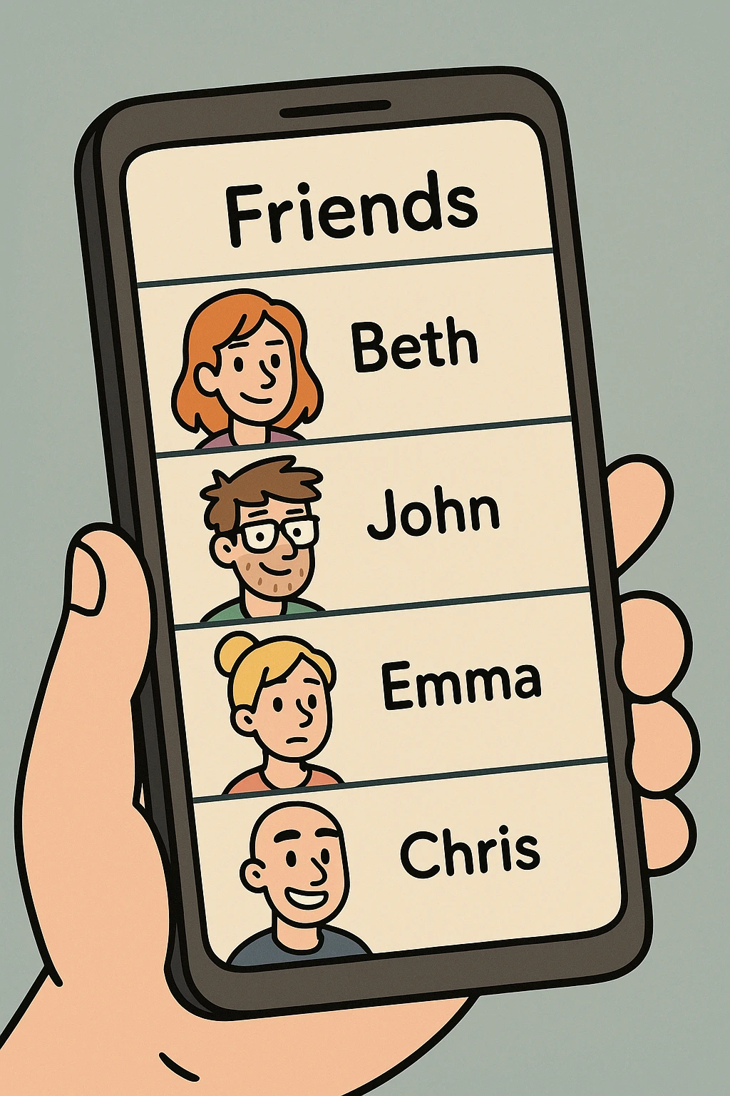 Front screen of the phone with friends' contacts emoji