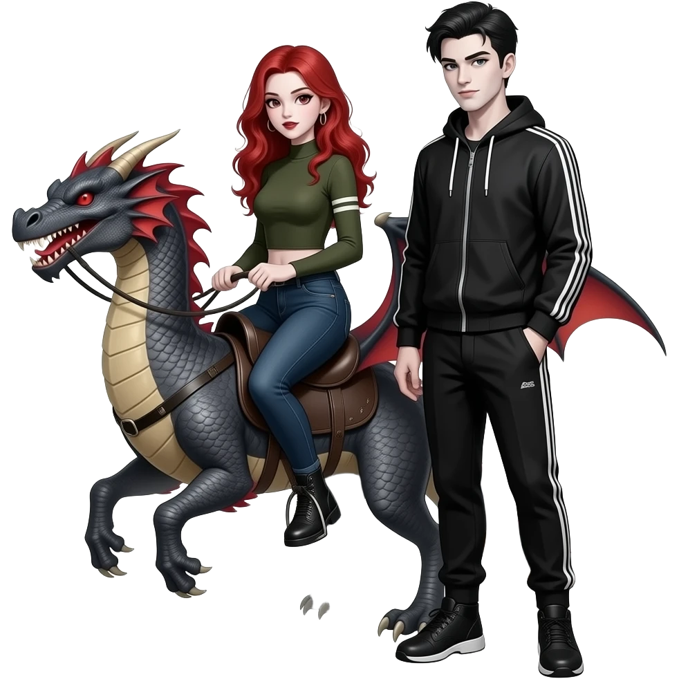 Vampiro adolescente femmina con pelle bianca e capelli rosso ondulati lunghi che indossa dei jeans neri a zampa d' elefante e un top stretto con le maniche lunghe stile militare con suo fratello VAMPIRO maschio con la pelle bianca e una tuta da ginnastica nera che cavalcano insieme un drago emoji