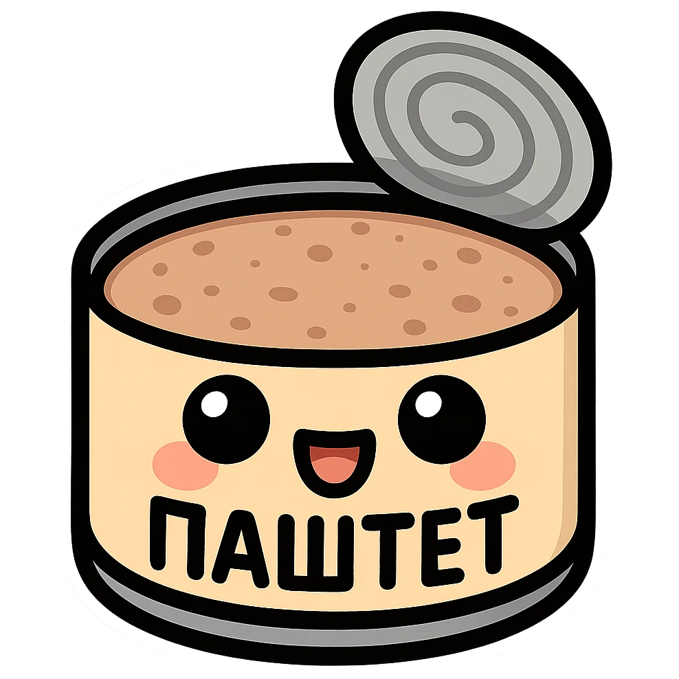 Minimal chibi open pâté can emote, visible pâté inside the can, big cute eyes, cheerful smile, thick black outline, flat colors, strong contrast, simple emoji sticker style, transparent background, Twitch emote optimized, Cyrillic text "ПАСТЕТ" clearly readable emoji