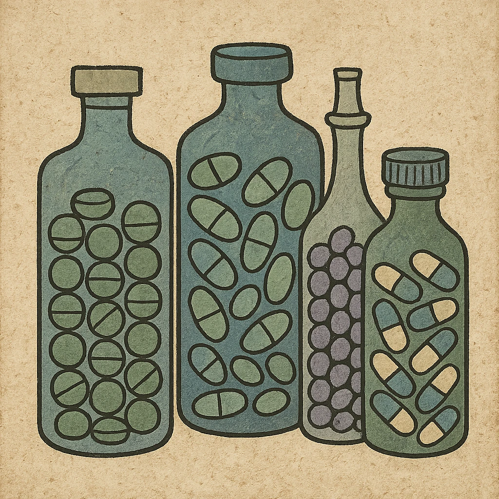 glass Bottles of medicine pills all of different colours emoji