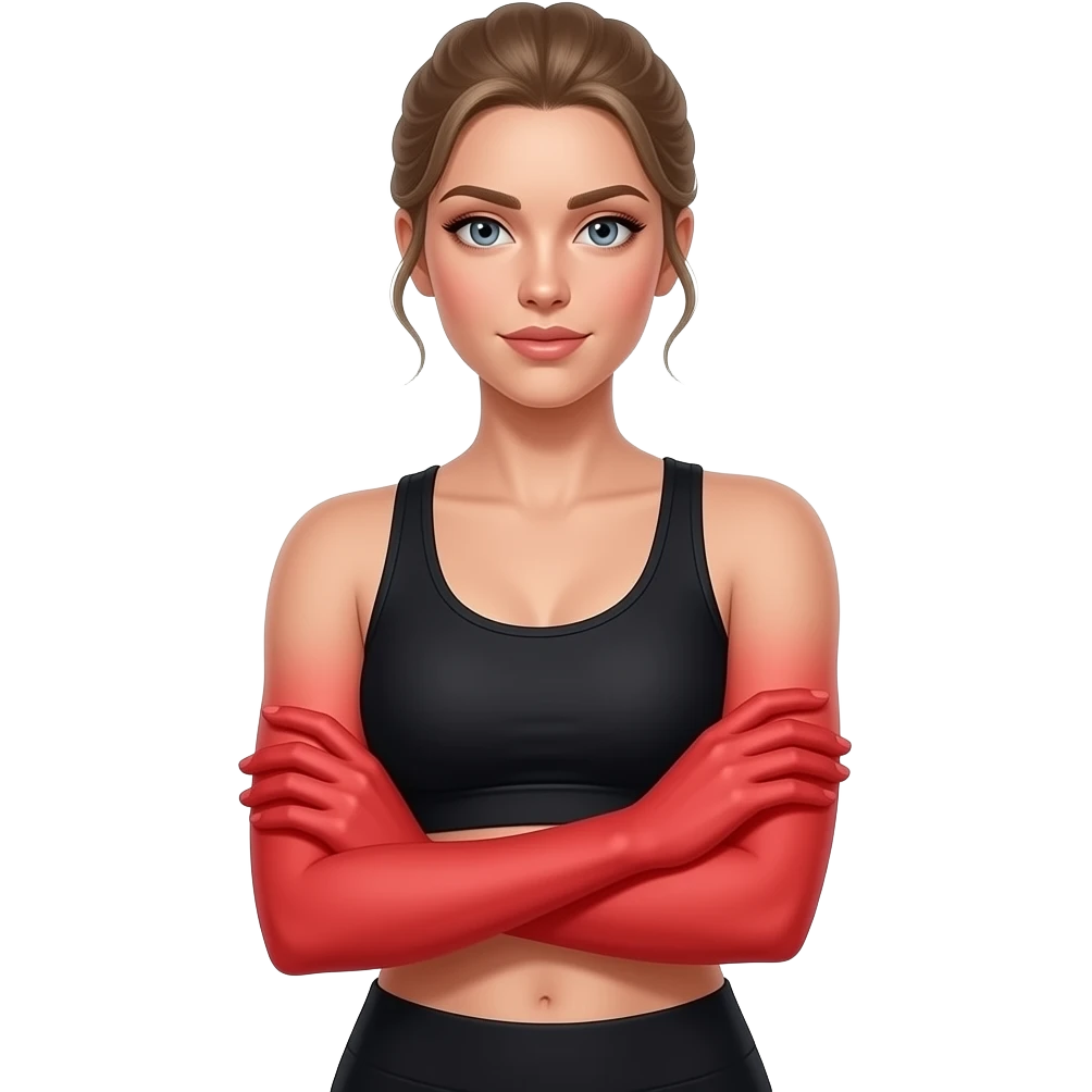 arm pain, full red glow covering both arms from shoulders to hands, woman holding one arm, fair-skinned woman, gray-blue eyes, ash brown brows, ash light brown hair tied back, slim athletic body, black workout set emoji