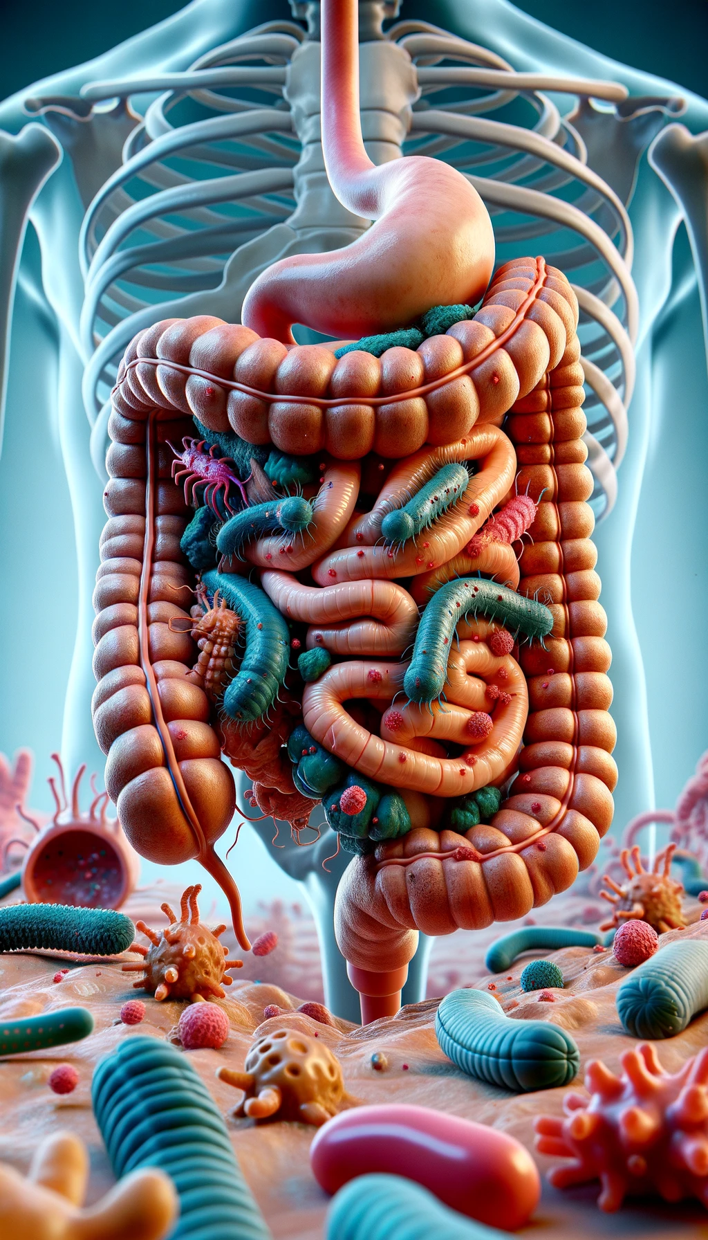 INTESTINO UMANO ANATOMICO REALISTICO CIRCONDATO DA PARASSITI E BATTERI INTESTINALI, IPERREALISTICO 4K emoji